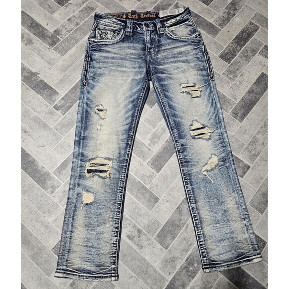 New Men's Rock Revival Tate Straight Jeans Acid Wash Size 33x31